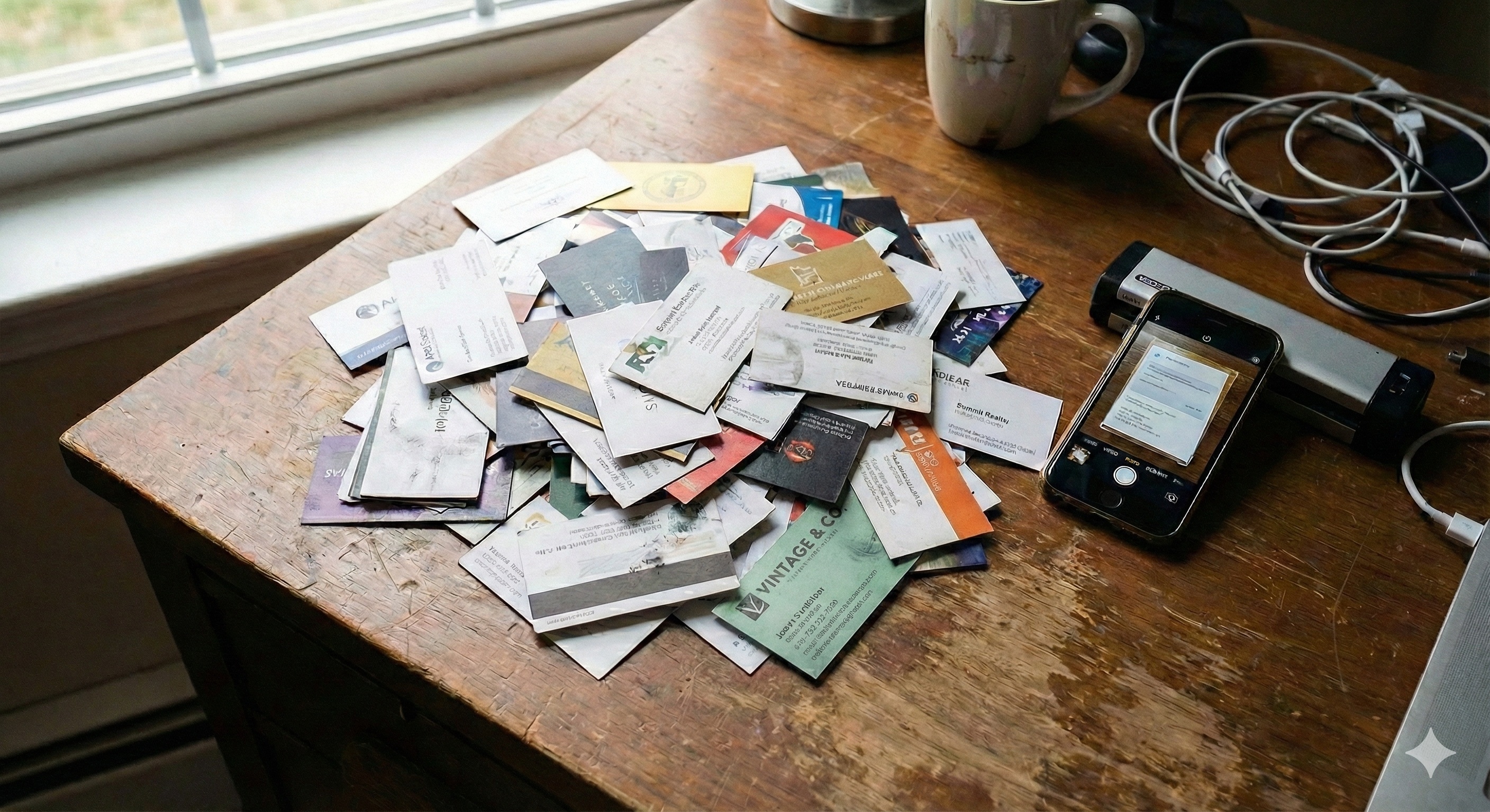 A messy pile of business cards on a deskthe problem this workflow solves